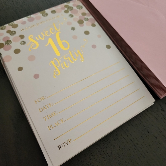 Sweet 16 birthday party invitations pink and gold (18 invitations/19 envelopes) - Picture 4 of 10